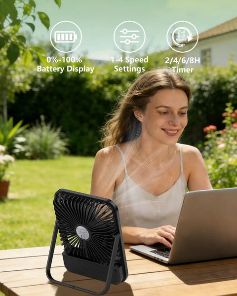 Ultra Thin 7 Inch Portable Travel Fan Must Have With 8000mAh Battery, 28 Hours Runtime shown on a table outdoors with LED display features.