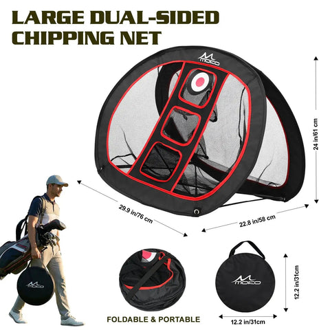 Pop Up Golf Chipping Net With Three Front Target Zones And Double Sided Training for indoor outdoor practice, 24x30 inch dimensions