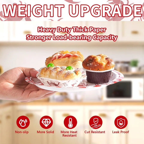 Hand holding Heavy Duty Crab Boil Paper Plates, 9 Inch Disposable Party Platter Set with baked goods, showing sturdy design.