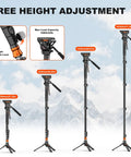 Lightweight Aluminum Video Camera Monopod With Feet For Travel Extends From 26 Inches Folded To 73 Inches, height adjustment shown