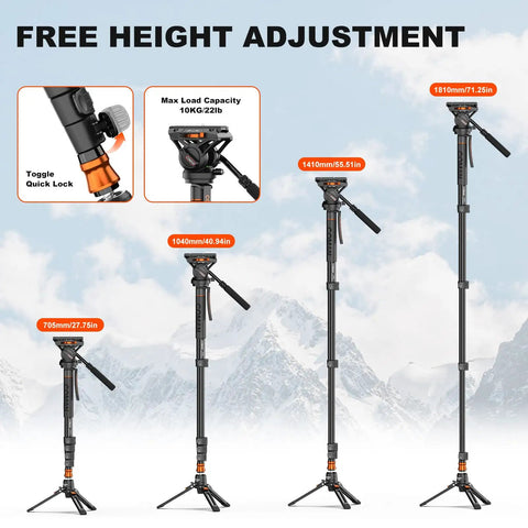 Lightweight Aluminum Video Camera Monopod With Feet For Travel Extends From 26 Inches Folded To 73 Inches, height adjustment shown