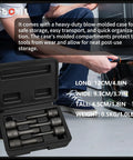 Six Piece Three Eighths Inch Drive Impact Wedge Extractor Set in blow-molded case with dimensions shown, auto workshop use