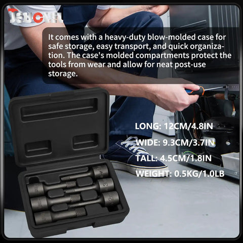 Six Piece Three Eighths Inch Drive Impact Wedge Extractor Set in blow-molded case with dimensions shown, auto workshop use