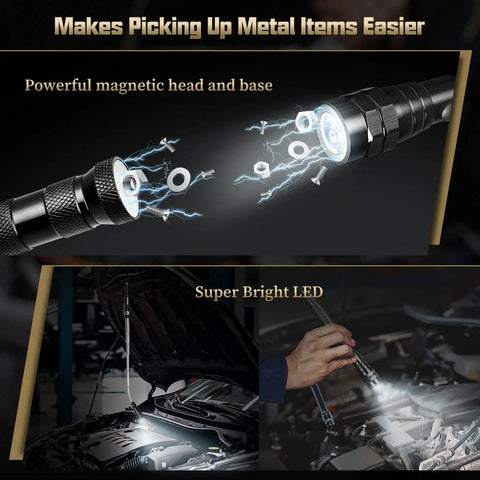 Extendable Magnetic Pickup Tool Set Five Piece With Telescoping Handles And Magnetic Flashlight Includes One Pound And Eight Pound Sticks Round And Square 360 Degree Adjustable Inspection Mirror The Perfect Gift For Him