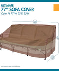 Ultimate Waterproof Patio Sofa Cover With All Weather Protection For Outdoor Couches Fits Up To 77W X 35D X 35H Inches in mocha showing elastic hem.