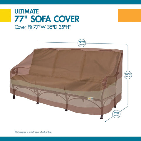 Ultimate Waterproof Patio Sofa Cover With All Weather Protection For Outdoor Couches Fits Up To 77W X 35D X 35H Inches in mocha showing elastic hem.