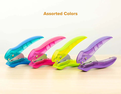 Assorted color lineup of EZ Squeeze Reduced Effort One Hole Punch For The Office With No Jam Technology Ergonomic Grip on table