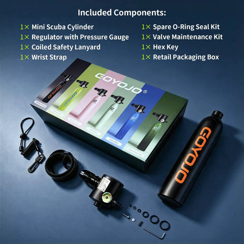 Included components of 0.5L Mini Scuba Tank Portable Backup Air for Snorkeling and Training, Refillable Emergency Pony Bottle, 3000 PSI.