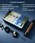 Obsidian Orange 0.5L Mini Scuba Tank For Snorkeling And Shallow Water Adventures, shown with included components and packaging.
