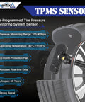 TPMS Sensor for tire pressure monitoring with pre-programmed features and installation on Chevy Silverado and SUVs.