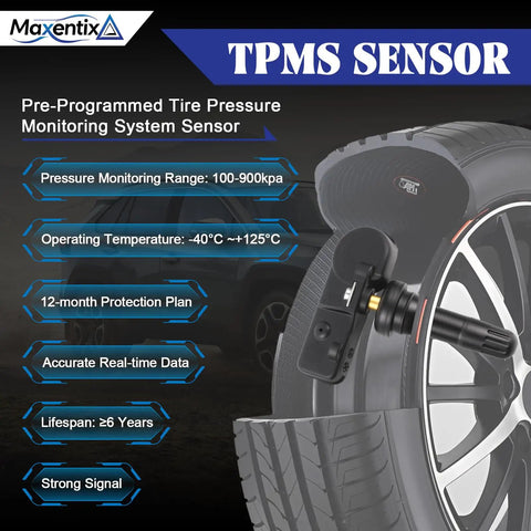 TPMS Sensor for tire pressure monitoring with pre-programmed features and installation on Chevy Silverado and SUVs.