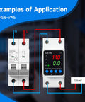 Adjustable Over and Under Voltage Protector With Digital Display For 110V DIN Rail Mount Reads Voltage Current And KWH In Real Time Keeps Your Gear Safe From Surges., wiring diagram with DIN rail protector and load