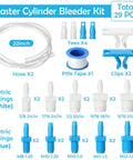 Pro Grade Brake Bleeder Kit for Cars and Motorcycles with 22 Inch Clear Hose, 12 Adapters, White/Blue Clips, PTFE Tape