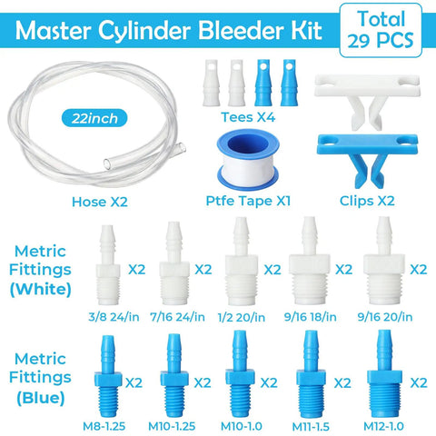 Pro Grade Brake Bleeder Kit for Cars and Motorcycles with 22 Inch Clear Hose, 12 Adapters, White/Blue Clips, PTFE Tape