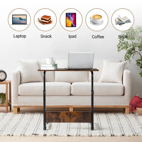 Mobile Side Table On Wheels Height Adjustable Laptop Cart For Living Room And Bedroom C Shaped Bed End Table With Edge Stopper Must Have Portable Rolling Desk For Your Couch Or Bed Rustic Brown Finish in front of a sofa with various items displayed above.