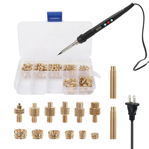 All In One Plastic Repair And Assembly Kit With Heat Set Inserts And 60W Digital Soldering Iron, M2 To M8 Brass Insert Tips