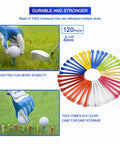 Natural Hardwood Golf Tees 3 1/4 Inch, 120 Pack, Biodegradable Wooden Tees, mixed colors arranged in a circle and in use with golf ball.