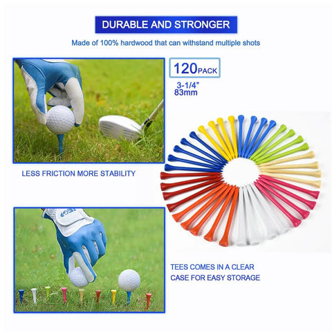 Natural Hardwood Golf Tees 3 1/4 Inch, 120 Pack, Biodegradable Wooden Tees, mixed colors arranged in a circle and in use with golf ball.