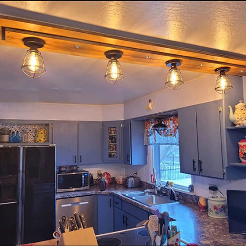 Vintage Semi Flush Mount Ceiling Light In Industrial Black Metal Cage in kitchen setting, four-pack installation