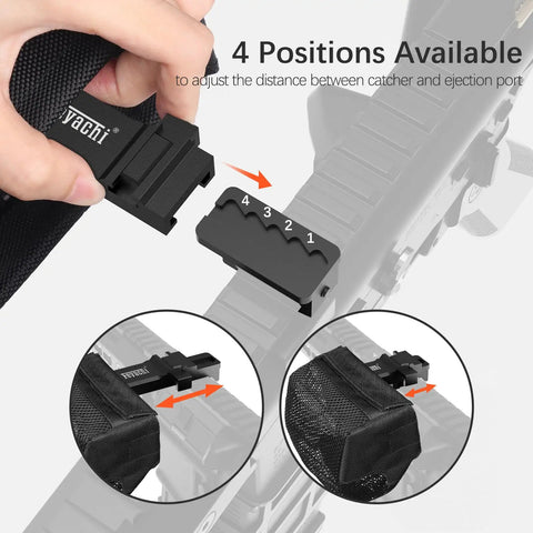 Heat Resistant Brass Shell Catcher with Quick Release Zipper and Picatinny Rail Mount showing 4 position adjustments.