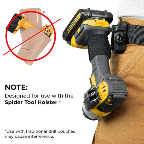 Drill with BitGripper V2 Side Mount Drill Bit Holder fitted on a tool holster belt. Note: Not for use with traditional pouches.