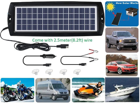 Portable 12V Solar Battery Trickle Charger And Maintainer Kit With Four Watt Panel for cars, motorcycles, boats, and trucks