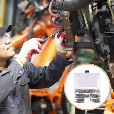 Technician using the 160 Piece Stainless Steel Cotter Pin Clip Set With Sizes M1.6 M2.5 M3.2 M4 for machinery repair