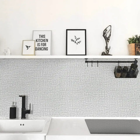 Modern kitchen wall with Gray Grasscloth Peel And Stick Wallpaper Self Adhesive Vinyl for cabinets and walls, 48.4 sq ft coverage.