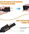 Outdoor LED String Lights 54 Ft Weatherproof IP65 Shatterproof 20 Sockets Patio Lights plug with spare fuse detail.