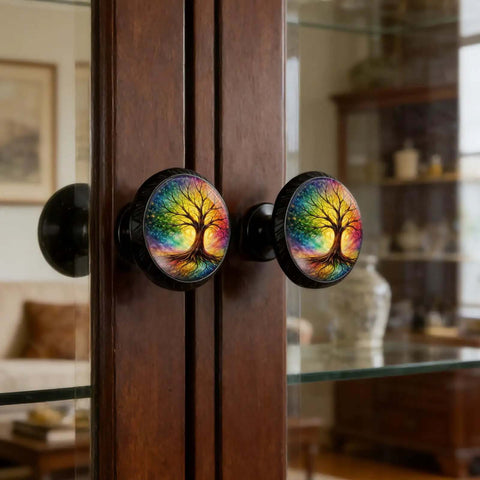 4 Pack Rainbow Tree Of Life Cabinet Knobs Acrylic Round Drawer Pulls for kitchen cabinets dressers cupboards and doors in rustic decor