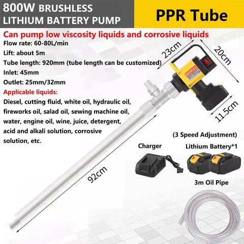 800W Cordless Electric Drum Pump With 3 Speed Adjustable Stainless Steel Oil Transfer Barrel Pump Multi Tube Compatible Portable Liquid Pump For Oil Diesel Workshop And Farm Use High Efficiency Brushless Motor