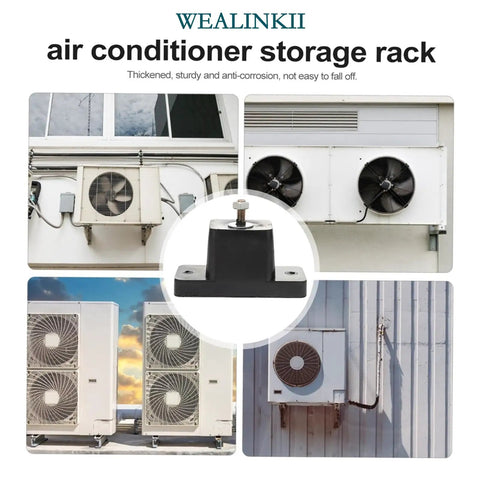 Air conditioner storage rack display with mini split units on walls and roofs, featuring eight pack air conditioning rubber shock absorption brackets with base mounting pads.