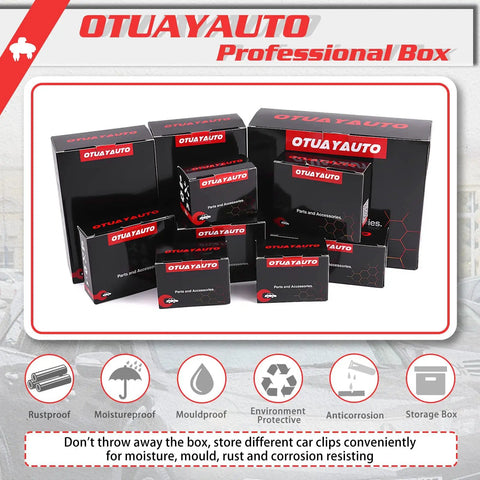 Packaging boxes labeled OTUAYAUTO with product feature icons for rustproof, moistureproof, and storage use.