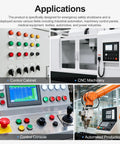 Applications of Emergency Stop Push Button Switch on control panels for industrial automation, machinery control, CNC, and robotics.