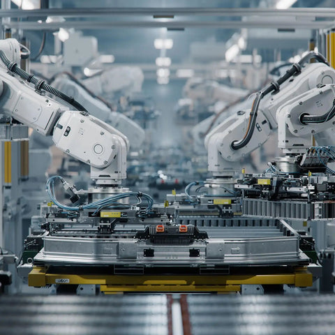 Automated robotic arms assembling components in a high-tech manufacturing facility.