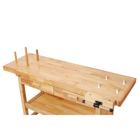 60 Inch Solid Rubberwood Workbench With Two Smooth Sliding Drawers And A Wide Open Bottom Shelf For Tidy Tool Storage And An Ultra Organized Workshop showing top surface and drawers