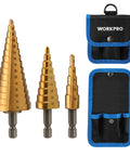 Pro Grade 3 Piece Step Drill Bit Set With Titanium Coated High Speed Steel For Plastic Aluminum And Sheet Metal Drilling Quick Change One Quarter Inch Hex Shank Two Flute Design For Faster Smoother Cuts Includes Well Built Carry Bag And Metric Sizes