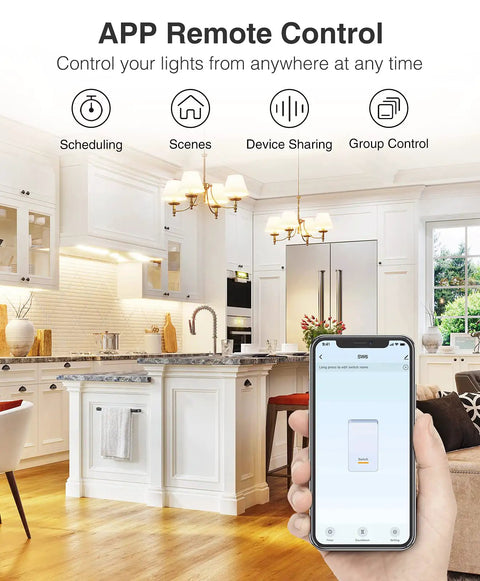 Hand holding phone showing app control for 3 Way Smart Light Switch In Wall On Off With Alexa And Google Assistant Voice Control.