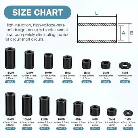 Size chart of 395 Pack Black Nylon Spacer Kit For PCB Standoffs And Electronics Mounting Non Threaded Round Spacers For Circuit Boards Switches Receptacles And Other Hardware Go-To Quick Mounts