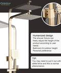 Dope Brushed Gold Shower System With Handheld Spray For Indoor Or Outdoor Use features adjustable height and design details.