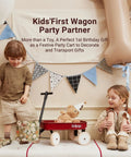 Young children playing with a red pull toy cart under party decorations, promoting Kids' First Wagon Party Partner.