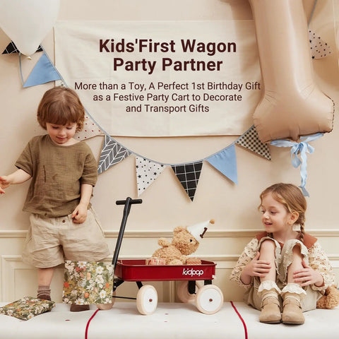 Young children playing with a red pull toy cart under party decorations, promoting Kids' First Wagon Party Partner.