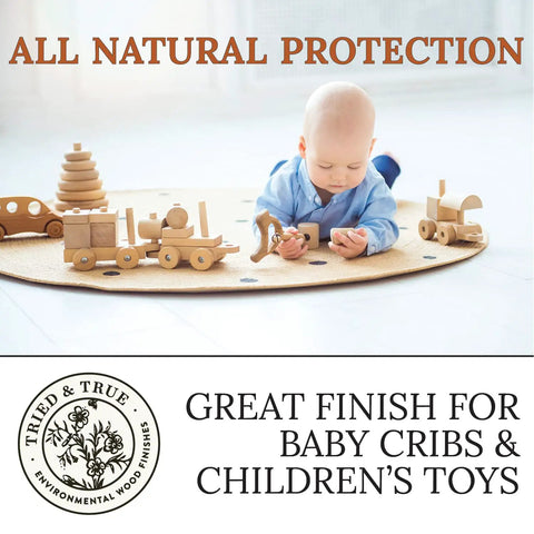 Baby playing with wooden toys, protected by All Wood Finish With Linseed Oil And Beeswax, Built To Last, Long Lasting Protection.