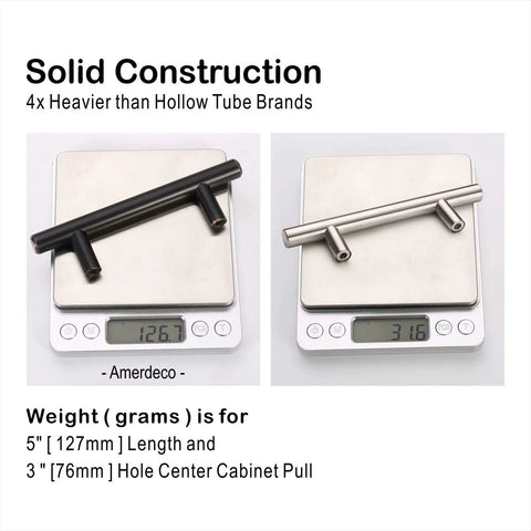 Comparison of solid oil rubbed bronze vs hollow tube cabinet pulls on scales showing weight difference