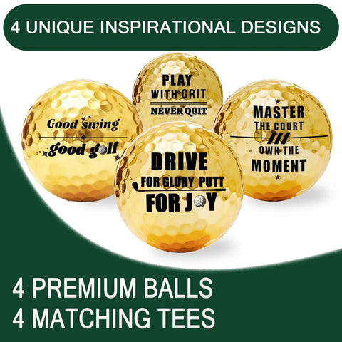 Gold Golf Balls Gift Set With Four Tees For Men Personalized Golf Balls With Inspirational Quotes Dope Retirement Gift For Fathers Day And Birthday Golfer Premium 4 Ball Set