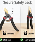 8 Inch Pruning Shears For Garden Use With Titanium Blade, Ergonomic Non Slip Handles, shown in unlocked and locked positions