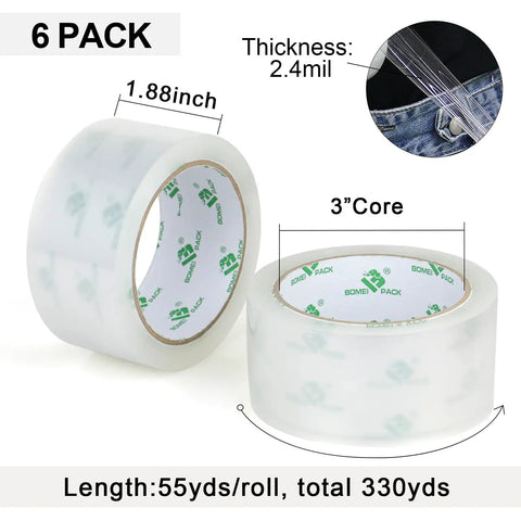 No Noise Clear Packing Tape Heavy Duty Packaging Tape Refill Rolls For Sealing And Shipping 2.4 Mil 1.88 Inch 6 pack