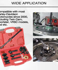 Heavy Duty Wheel Bearing Puller And Press Kit For Harley Davidson Motorcycles, set in red case, compatible with various models.