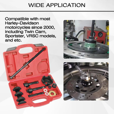 Heavy Duty Wheel Bearing Puller And Press Kit For Harley Davidson Motorcycles, set in red case, compatible with various models.
