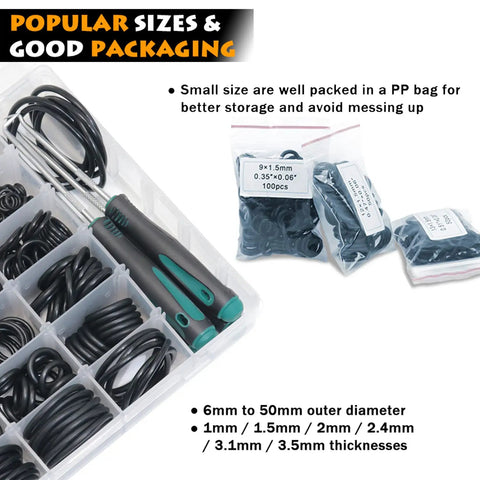 Huge Metric Nitrile Rubber O Ring Kit with 1225 Pieces in 32 Sizes Oil Resistant NBR Seals Includes 4 O Ring Removers package